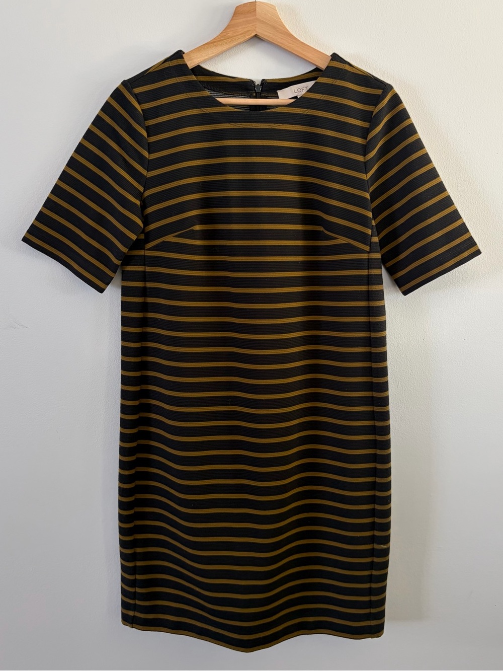 LOFT Black and Mustard Striped Midi Shift Dress